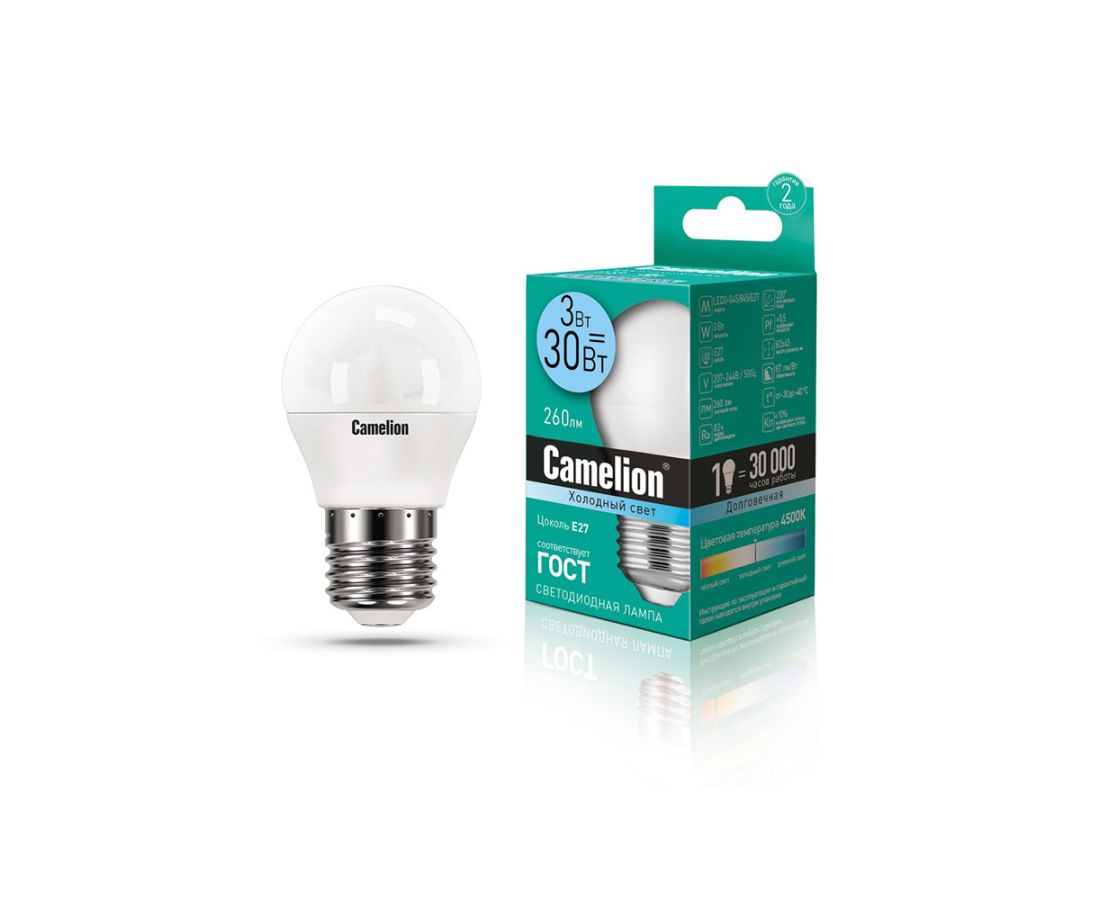 ეკონომიური ლედ ნათურა ცივი 3W/E27 3-G45/845/E27 Camelion — ნათურა და ვაზნა